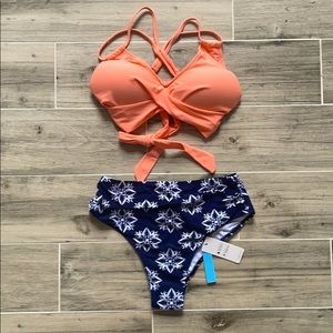 NWT CUPSHE Coral/Navy Bikini Set